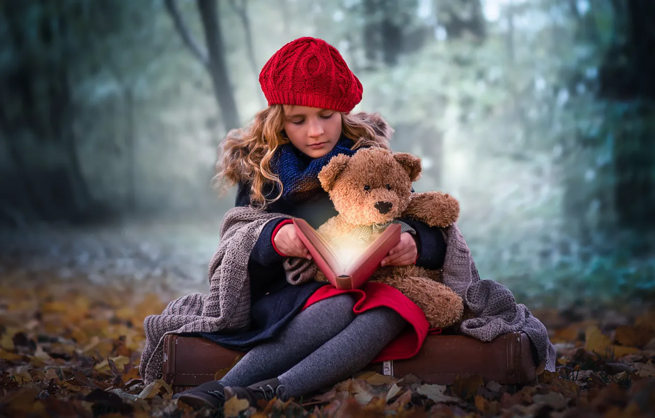 Фото обои осень, лес, волшебство, девочка, книга, медвежонок, плед, берет