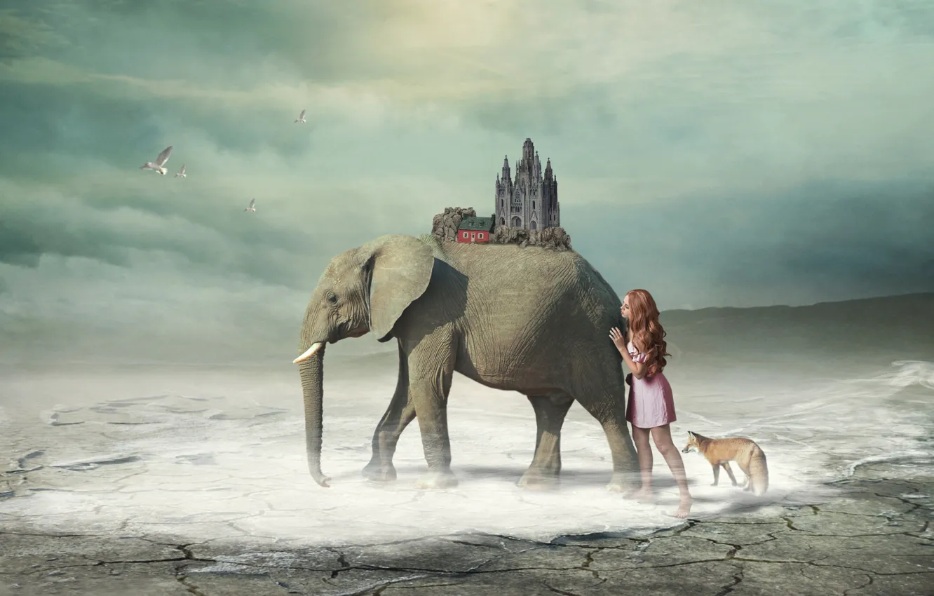 Фото обои девушка, фантазия, слон, арт, лиса