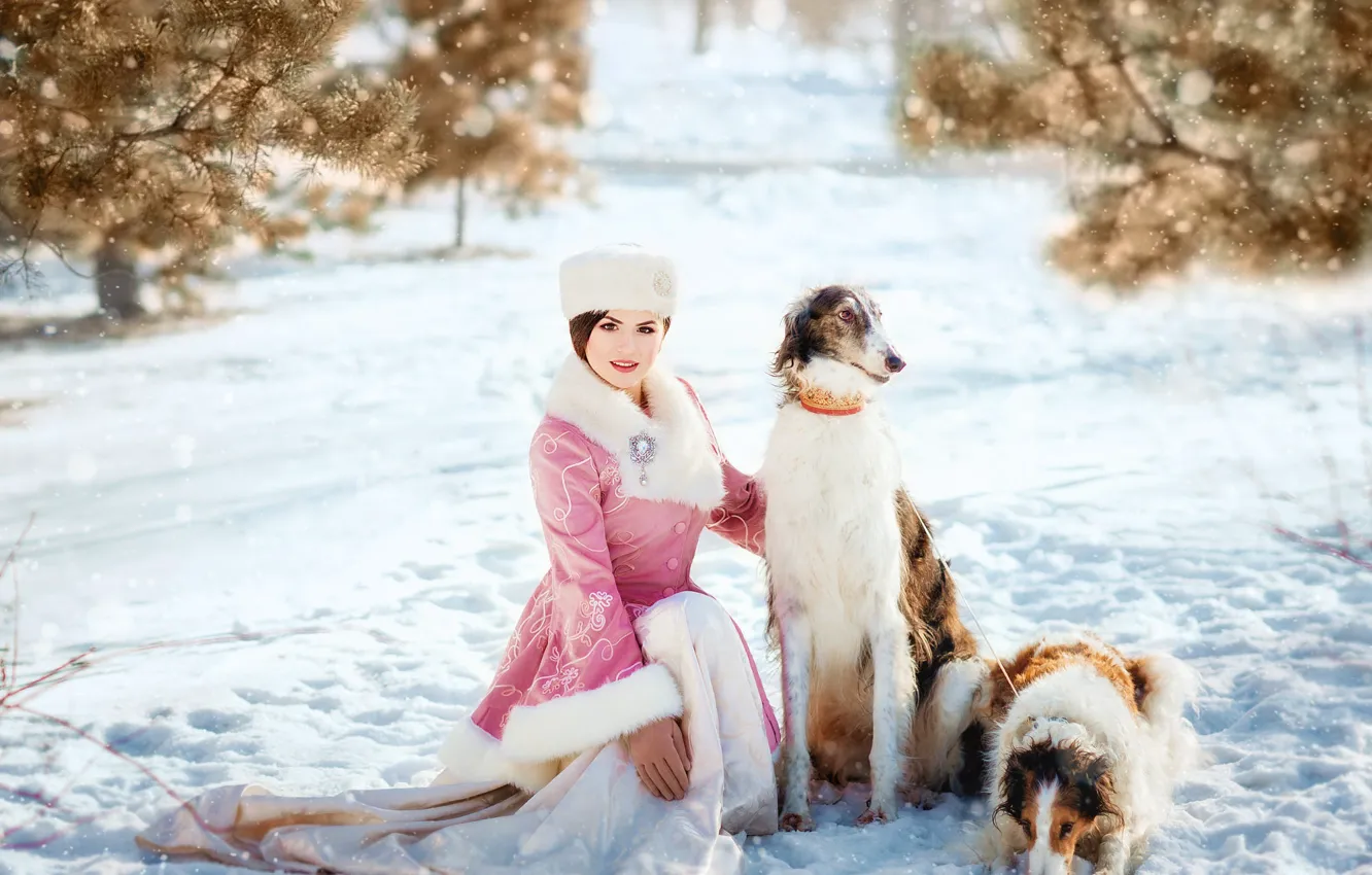 Фото обои зима, собаки, взгляд, девушка, снег, ветки, парк, макияж
