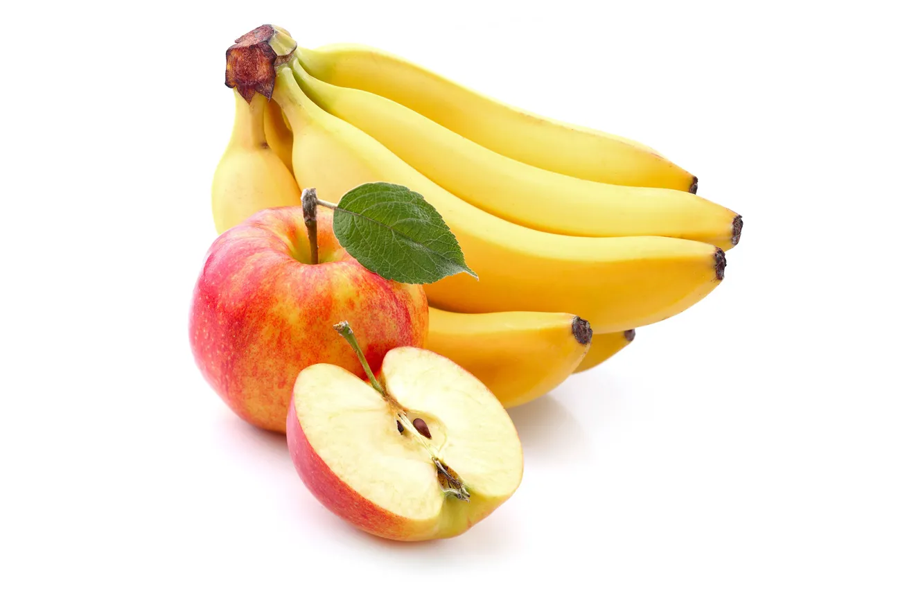 Фото обои яблоки, желтые, бананы, белый фон, фрукты