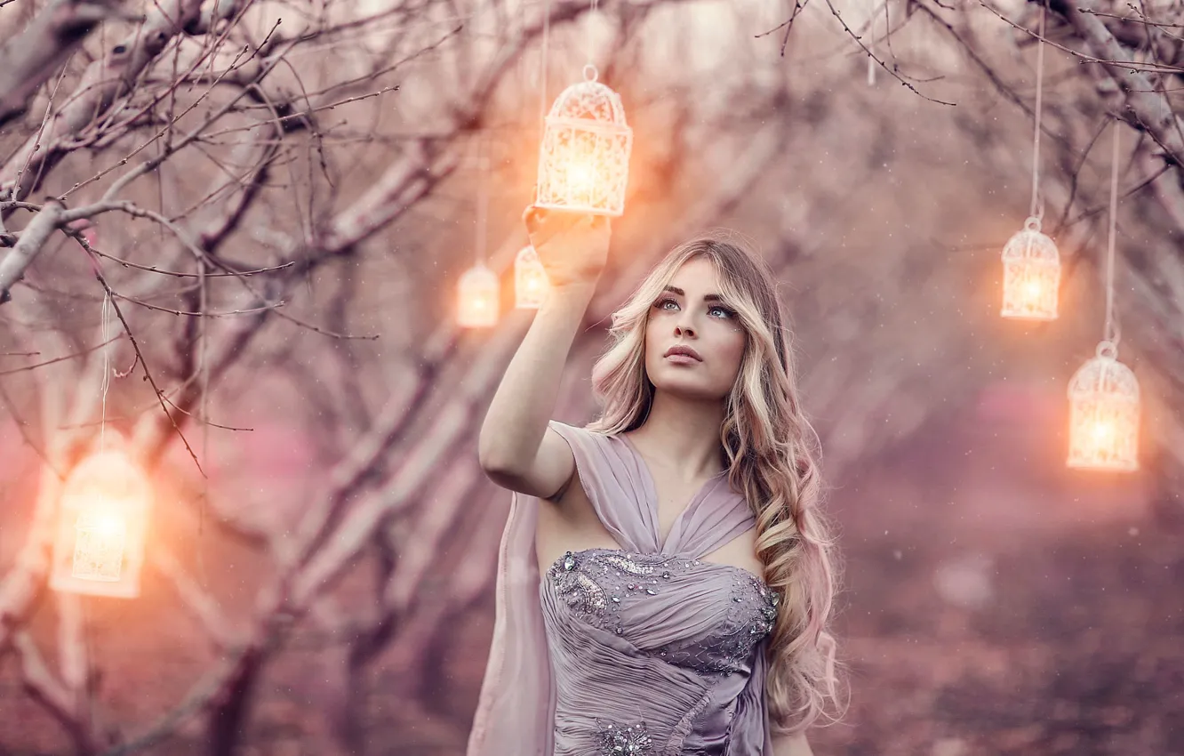Фото обои девушка, фонарики, Alessandro Di Cicco, Magic Lanterns