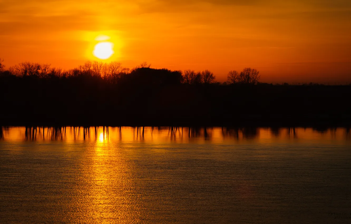 Фото обои небо, вода, солнце, деревья, закат, желтый, отражение, река