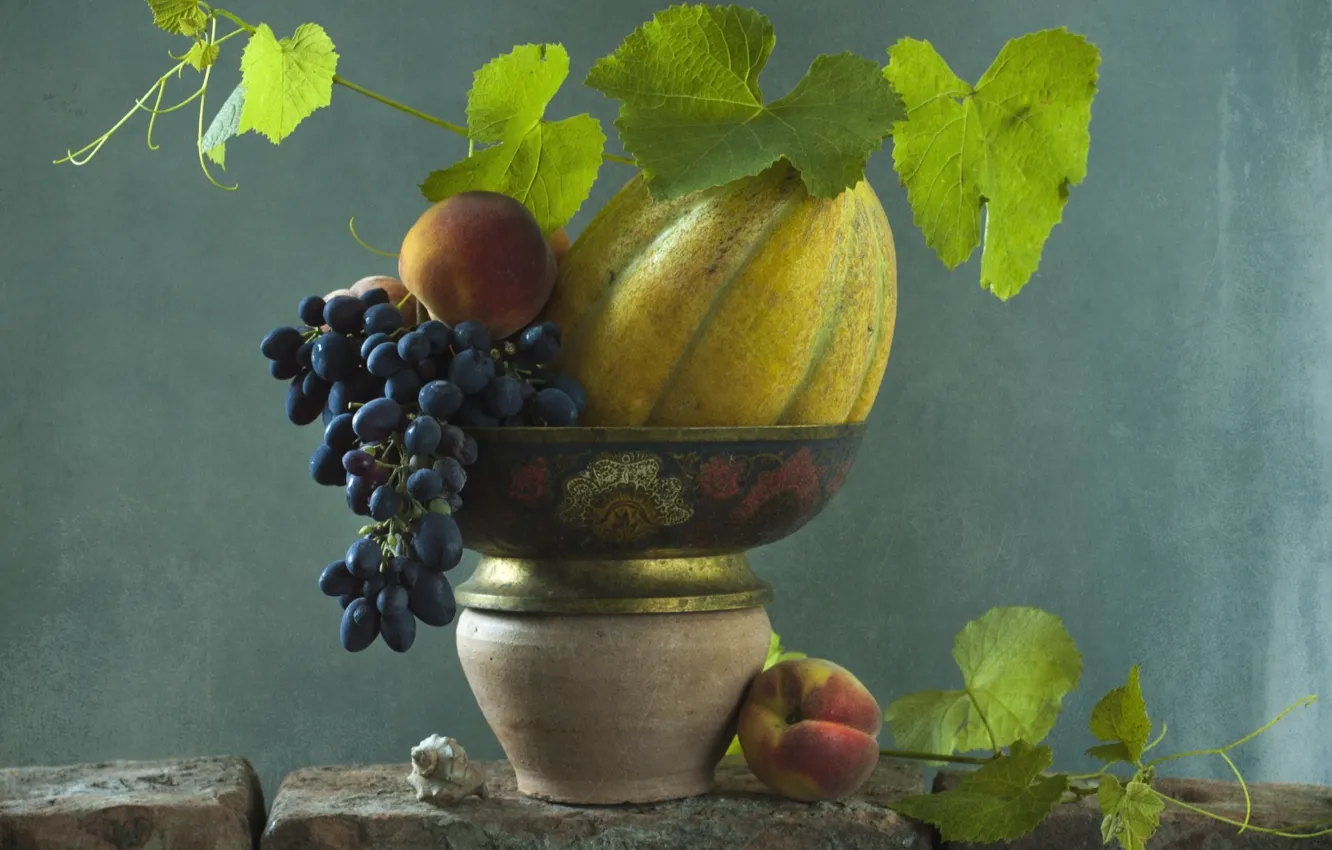 Фото обои ракушка, виноград, персик, дыня