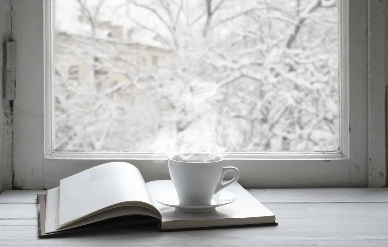 Фото обои зима, снег, окно, чашка, книга, hot, winter, snow