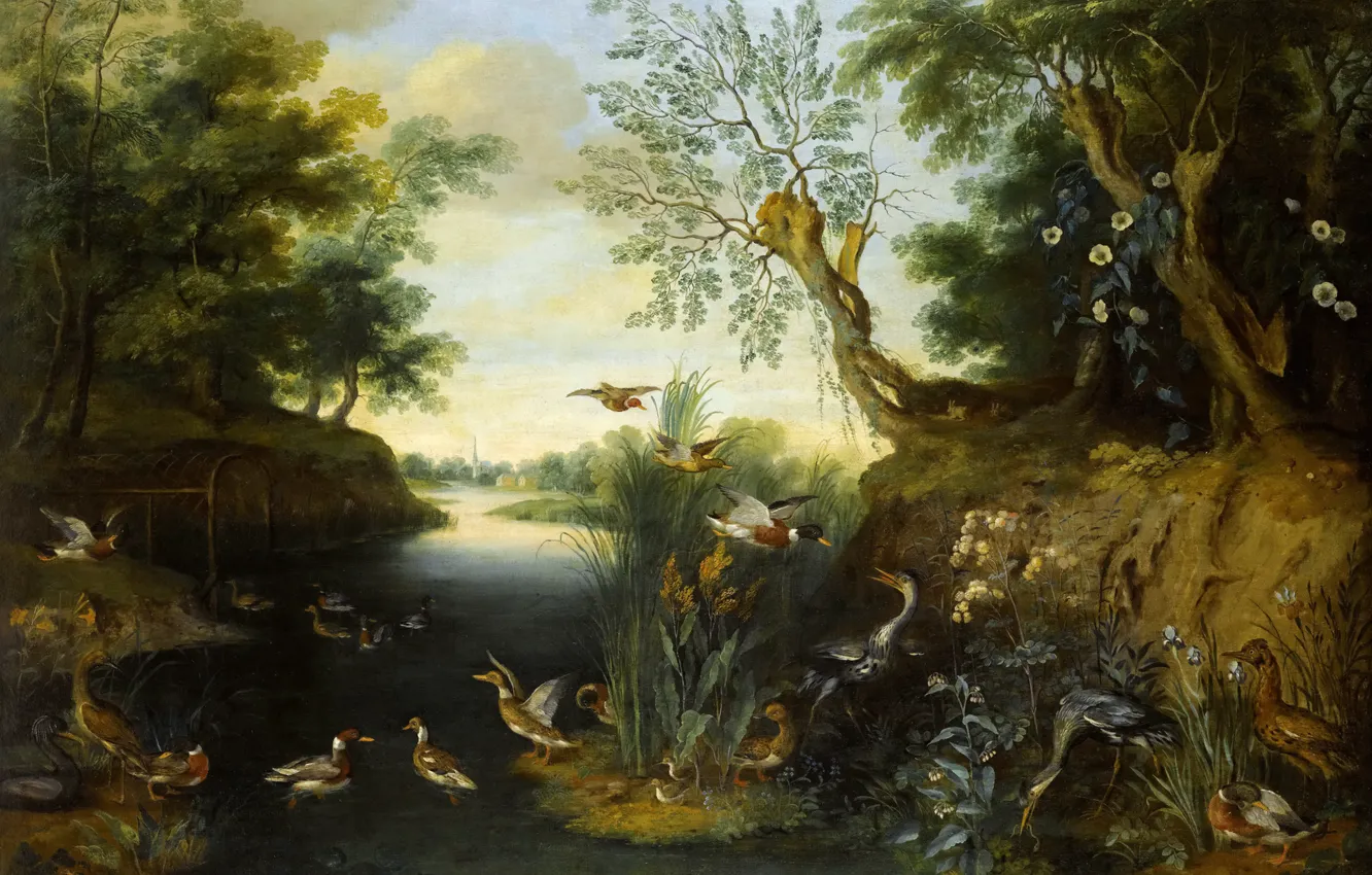 Фото обои животные, деревья, река, картина, Ян Брейгель младший, Речной Пейзаж с Птицами