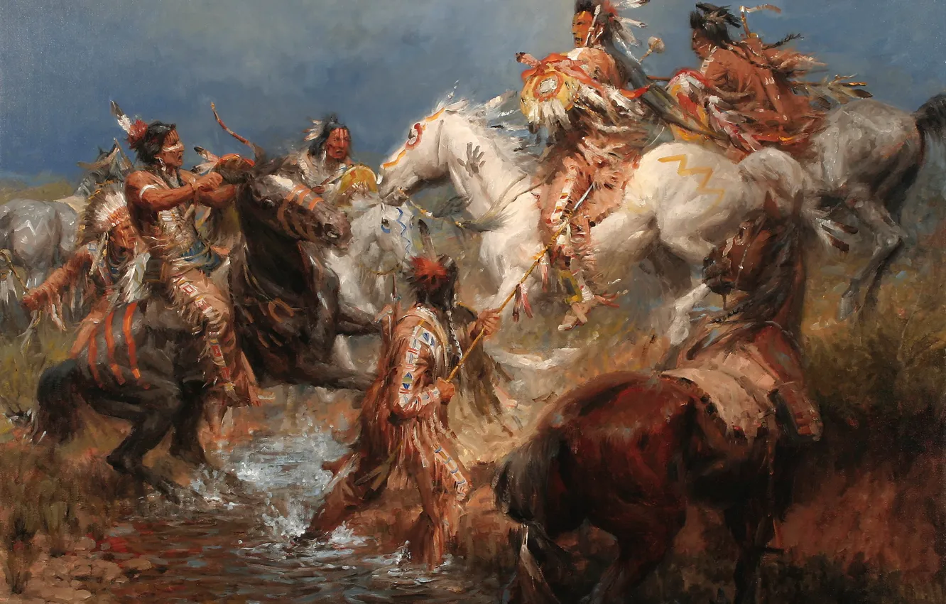 Фото обои картина, живопись, painting, 1831, A Clash Between the Crow and the Sioux, Andy Thomas
