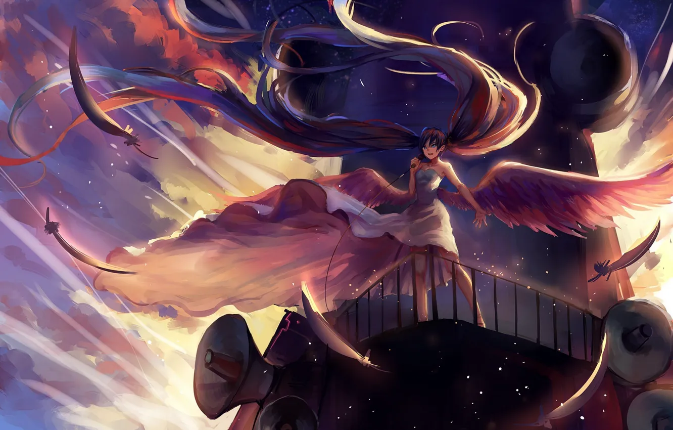 Фото обои небо, девушка, облака, крылья, аниме, перья, арт, микрофон