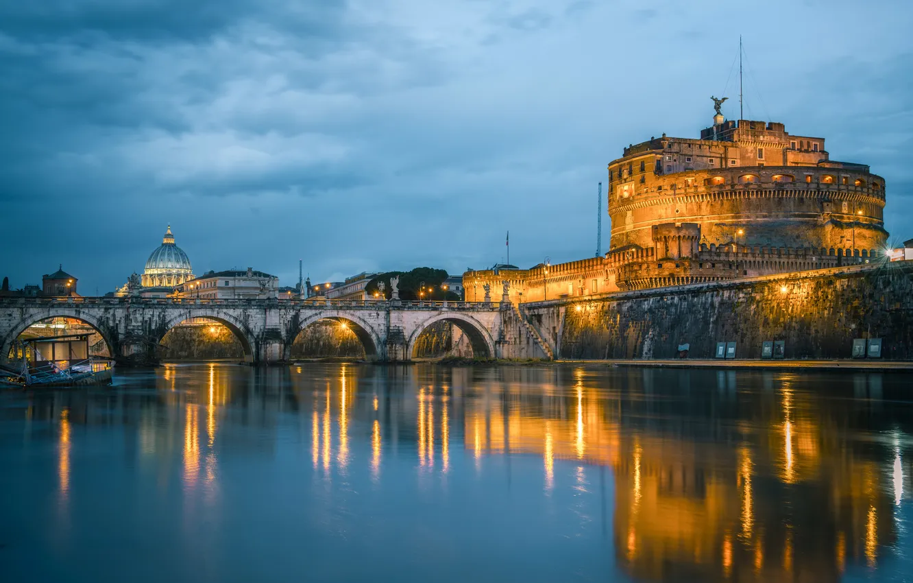 Фото обои огни, отражение, река, Рим, Италия, Тибр, Мост Святого Ангела, Замок Святого Ангела
