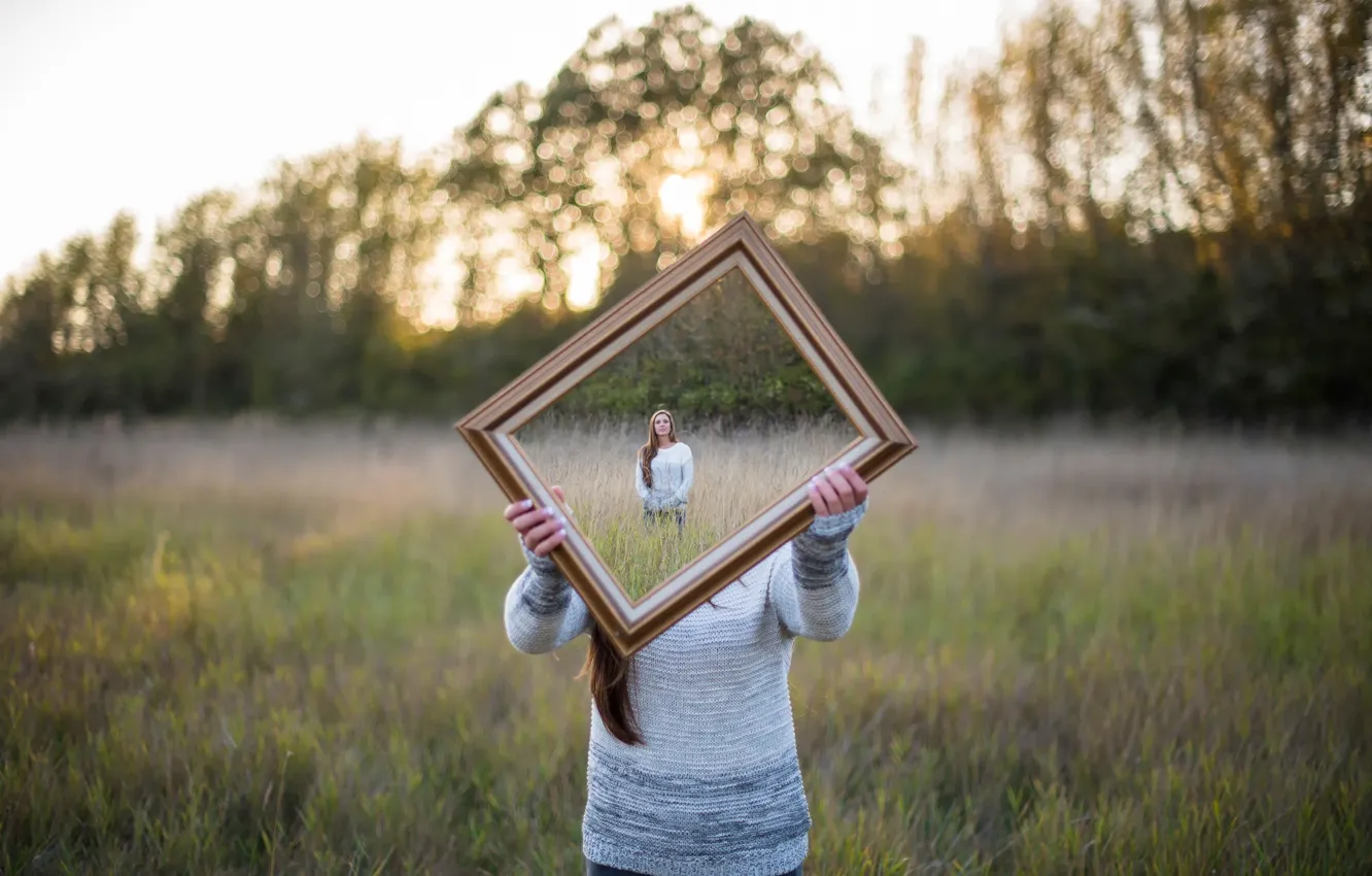 Фото обои девушка, зеркало, иллюзия, Isaac Gautschi, Good Framing