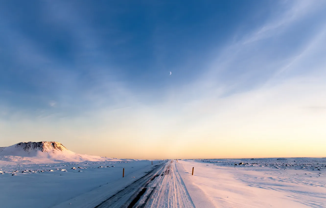 Фото обои зима, дорога, небо, луна, утро, Исландия