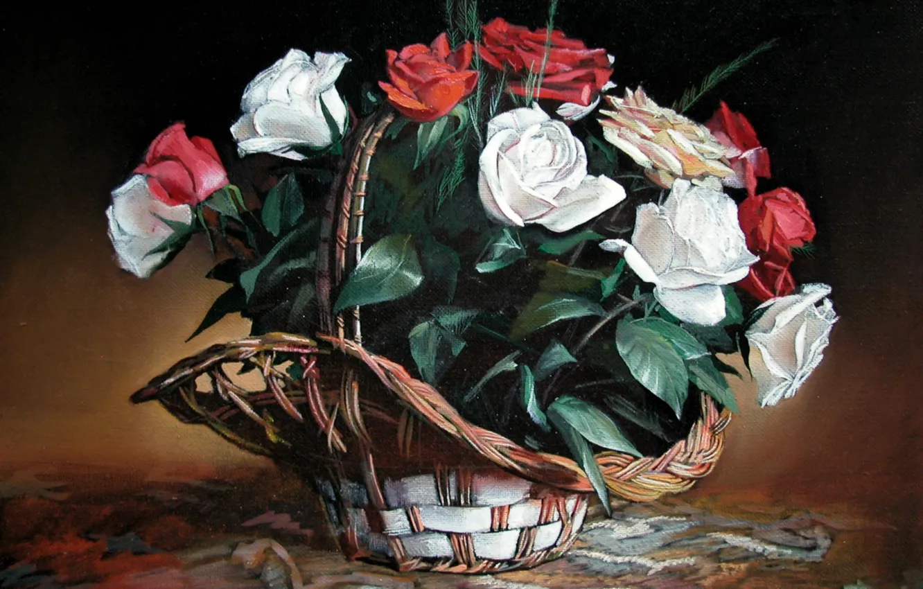 Фото обои красные, белые, натюрморт, Айбек Бегалин, Корзина роз, 2005г.