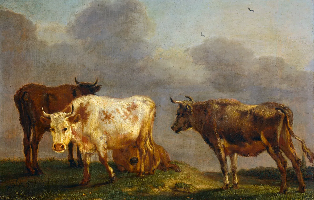 Фото обои животные, дерево, масло, картина, Паулюс Поттер, Четыре Коровы на Лугу