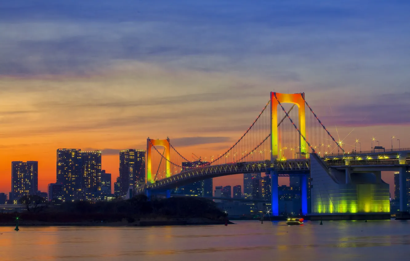 Фото обои рассвет, утро, Tokyo, Japan, Rainbow Bridge