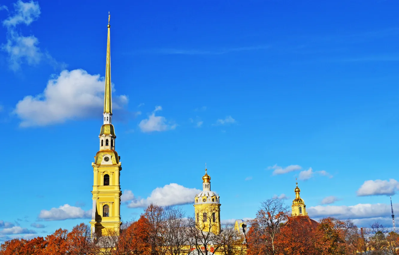 Фото обои Солнце, Облака, Осень, Санкт-Петербург, Петропавловская крепость, Красота, St.Petersburg, Северная столица