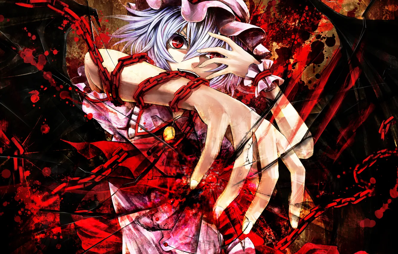 Фото обои девушка, магия, крылья, смех, демон, жест, touhou, remilia scarlet