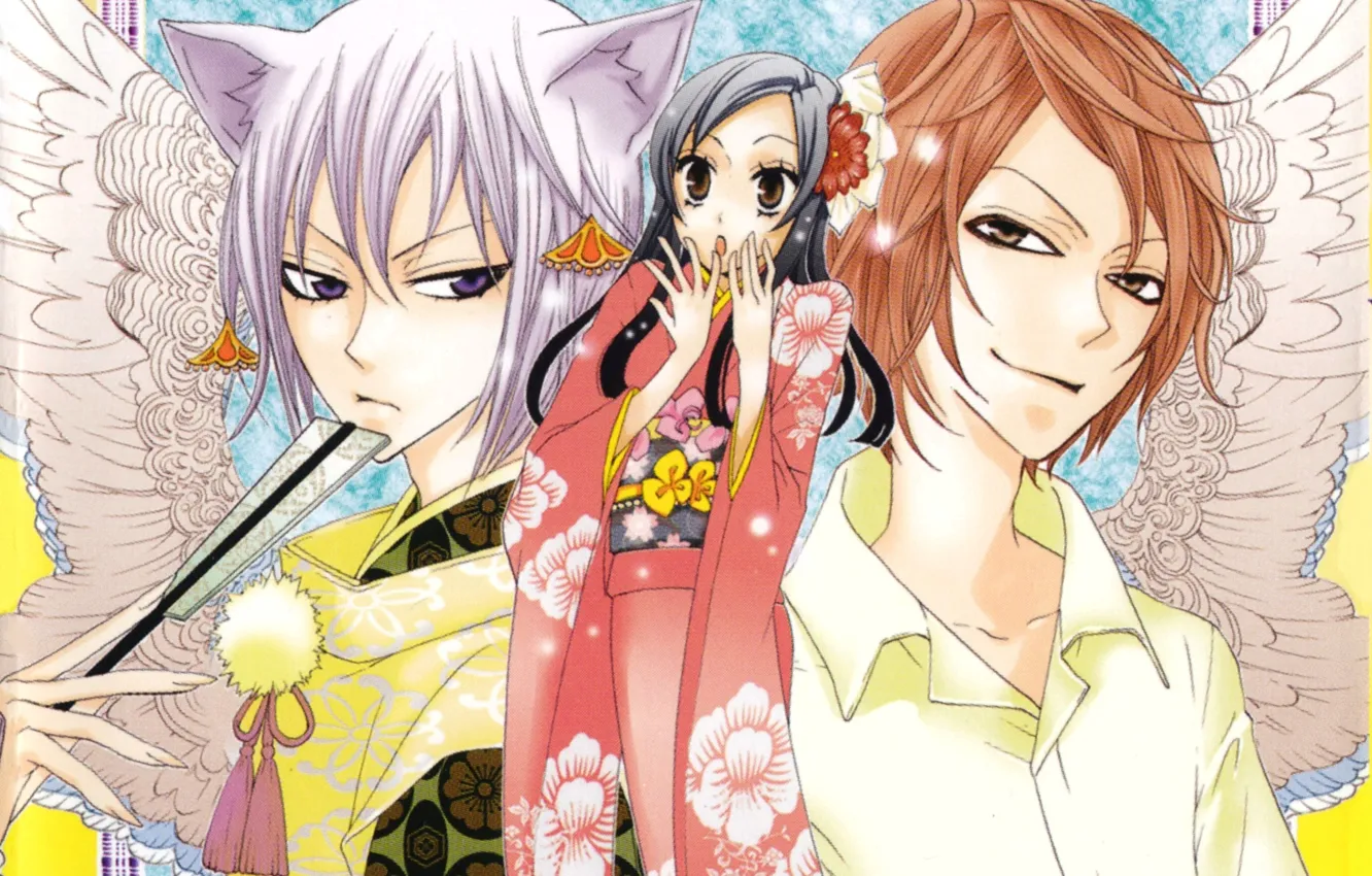 Фото обои удивление, веер, кимоно, цветок в волосах, лисьи ушки, ёкаи, Kamisama Hajimemashita, Tomoe