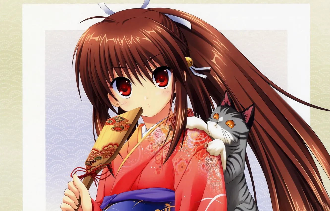 Фото обои котенок, узор, веер, Девочка, кимоно, большие глаза, бубенчик