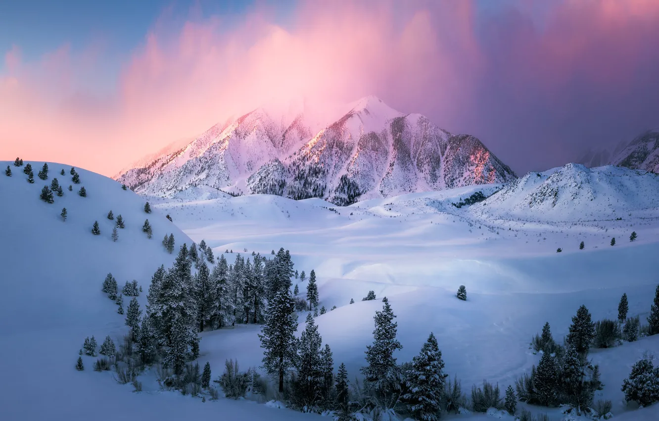 Фото обои зима, облака, свет, снег, горы