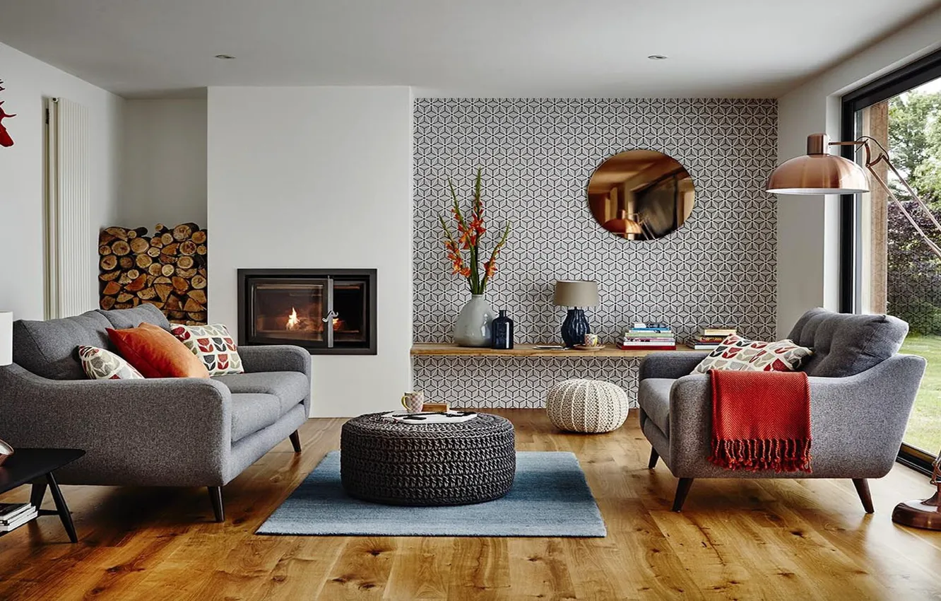 Фото обои дизайн, комната, интерьер, камин, ретро стиль, гостиная, Mid-century modern, accent chair style
