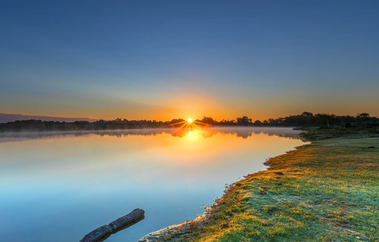 Фото обои лето, солнце, закат, синева, берег, бревно, водоем
