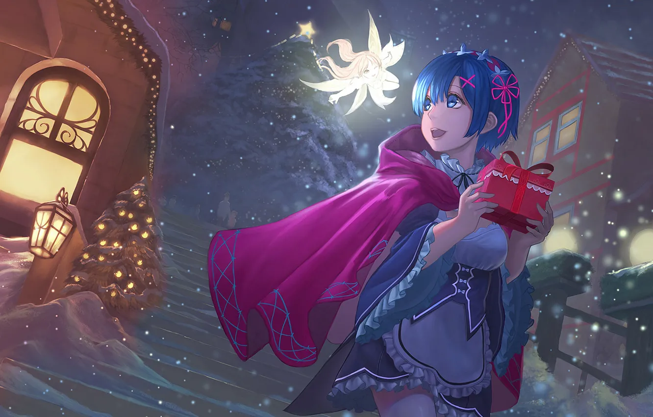 Фото обои девушка, снег, украшения, подарок, звезда, фея, anime, art