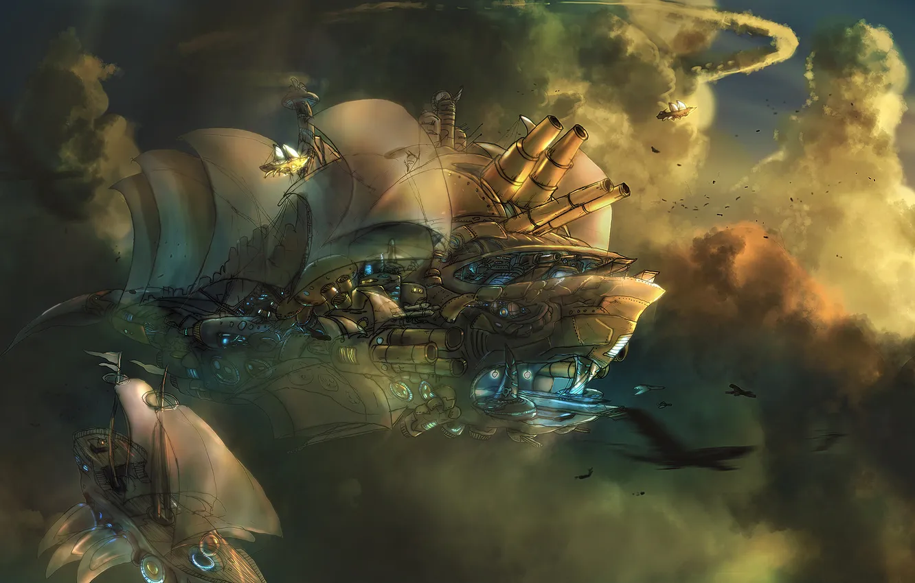 Фото обои облака, оружие, корабли, арт, паруса, в небе