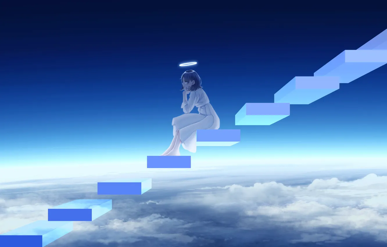 Фото обои небо, девушка, облака, фэнтези, лестница, нимб