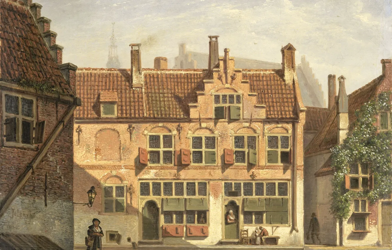 Фото обои масло, картина, холст, городской пейзаж, Johannes Jelgerhuis, Йоханнес Йелгерхуис, Улица в Амерсфорте, 1826