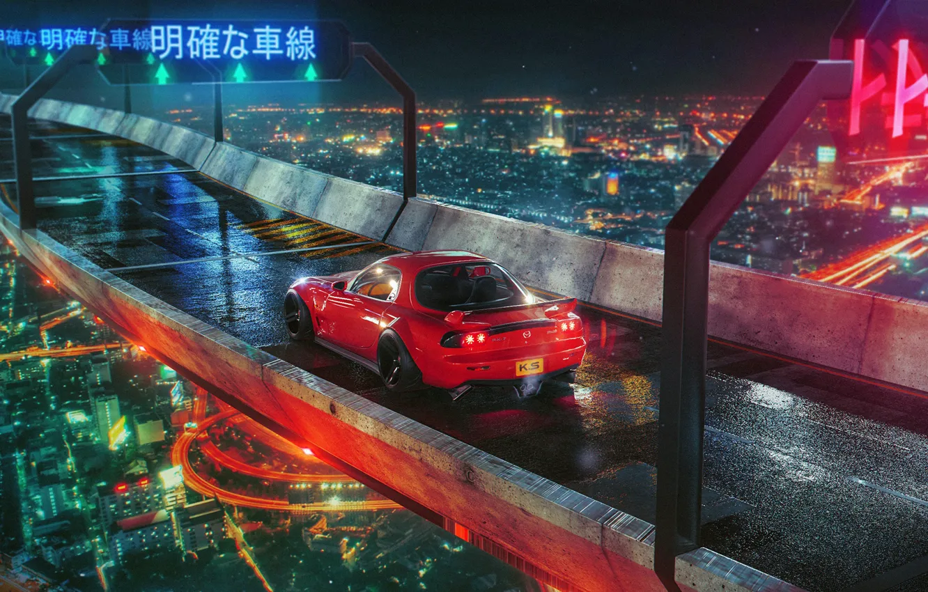 Фото обои ночь, мост, город, огни, red, Mazda, RX 7, Khyzyl Saleem