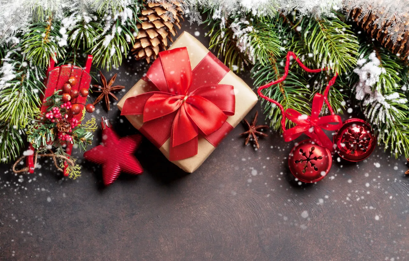 Фото обои Новый Год, Рождество, snow, merry christmas, gift, decoration, fir tree
