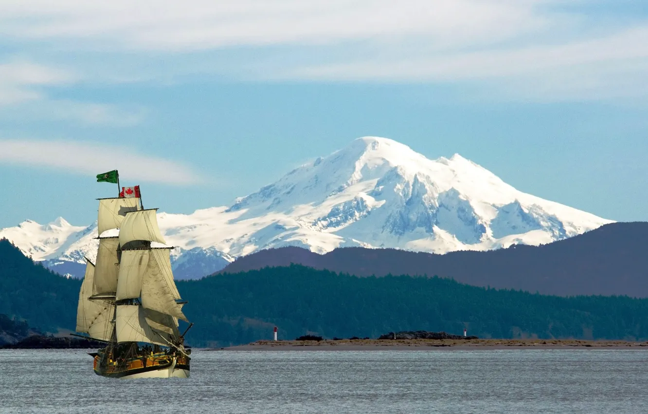 Фото обои снег, горы, река, вершины, корабль, остров, парусник, флаг