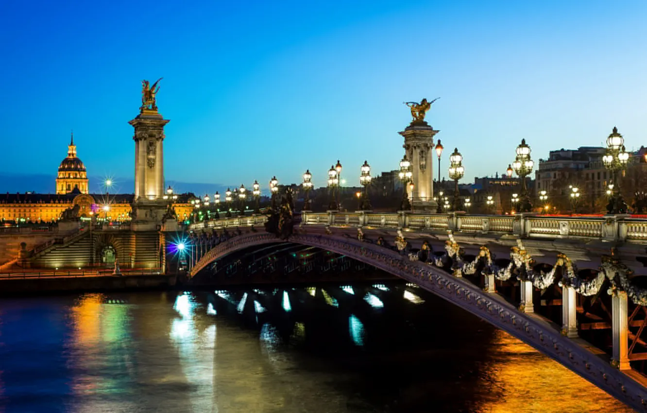 Фото обои свет, мост, город, река, Франция, Париж, вечер, освещение