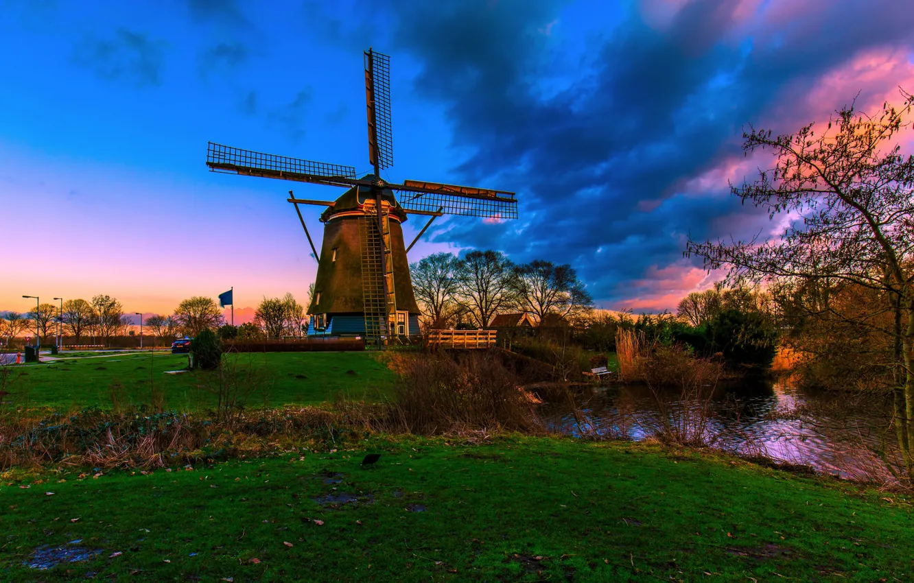 Фото обои вечер, мельница, речка, Нидерланды, Голландия
