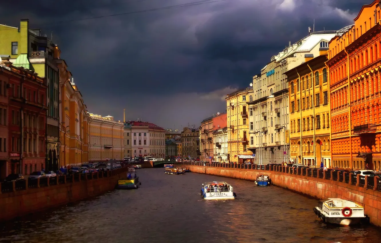Фото обои Мойка, Санкт-Петербург, канал, Россия, туча, Russia, St. Petersburg
