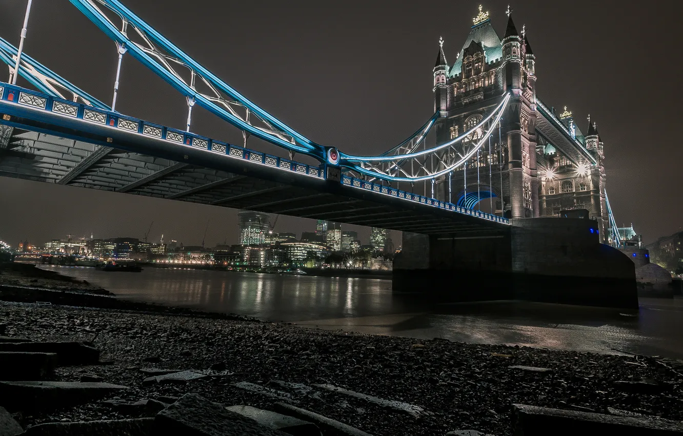 Фото обои ночь, мост, огни, река, Лондон