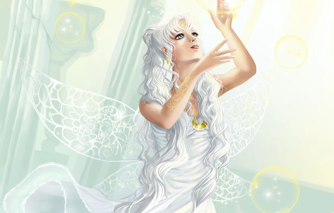 Фото обои взгляд, волосы, крылья, платье, белые, moon queen