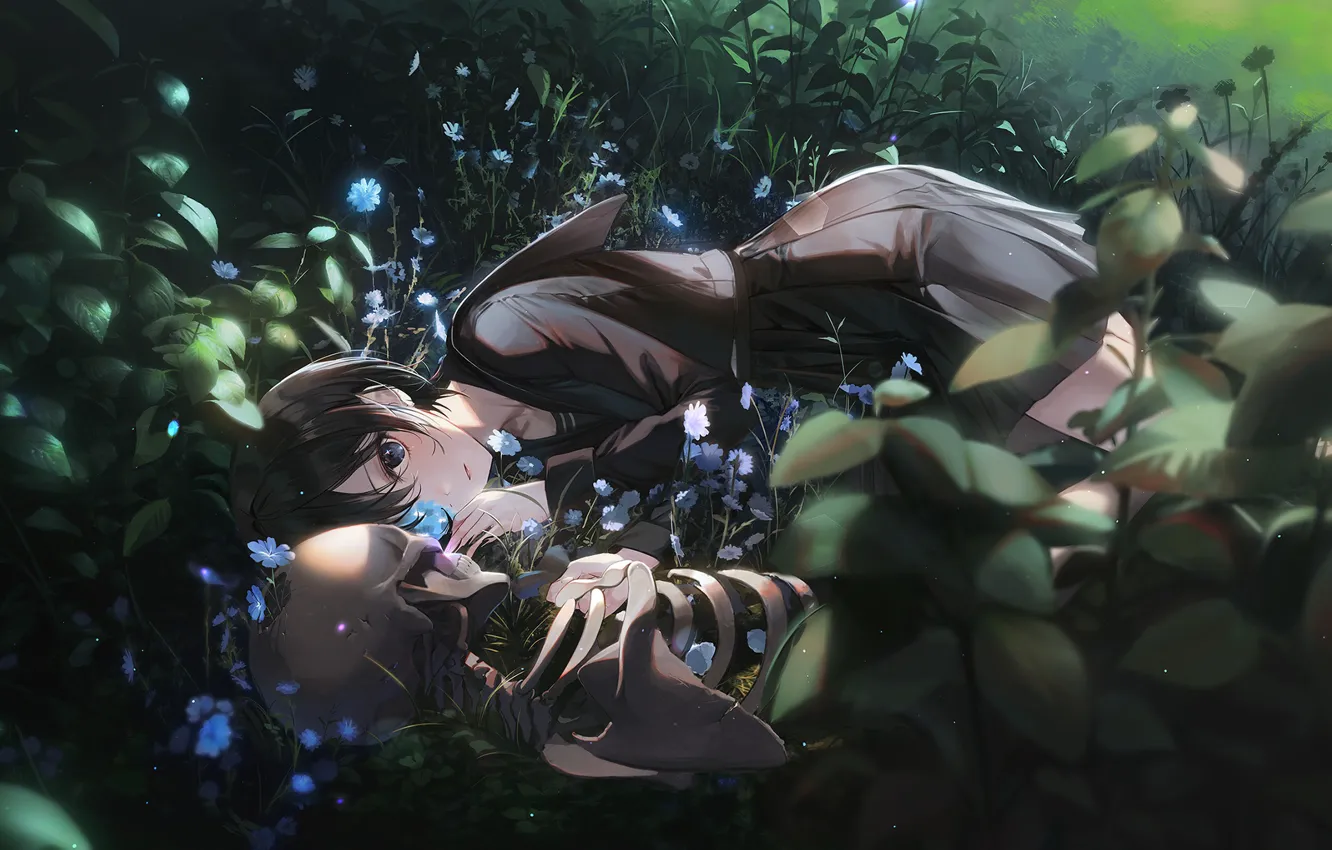 Фото обои трава, девушка, цветы, скелет, школьная форма