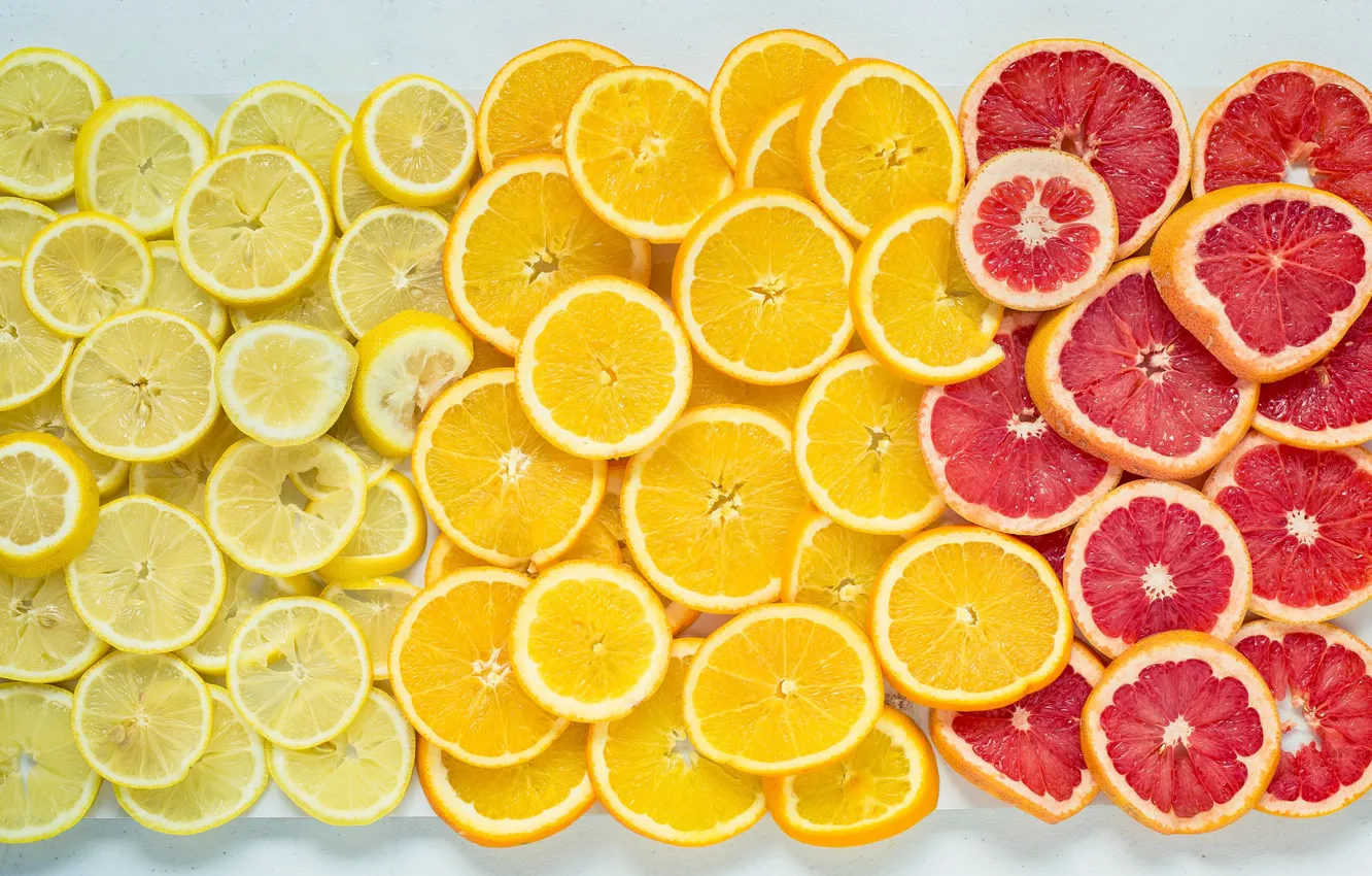 Фото обои citrus, grapefruit, lemons, oranges, juicy slices of goodness