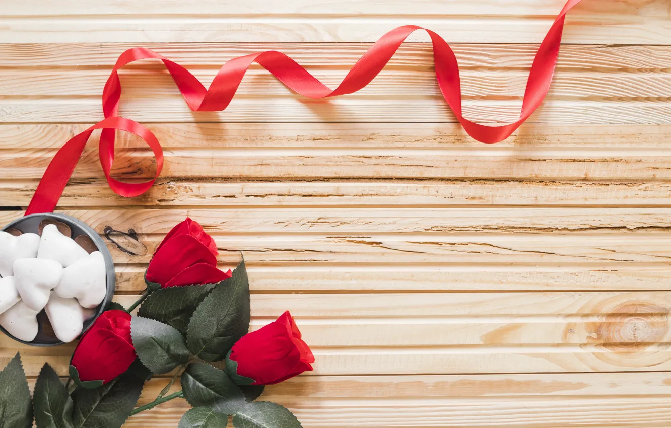 Фото обои цветы, праздник, розы, лента, сердечки, день влюбленных, день святого Валентина