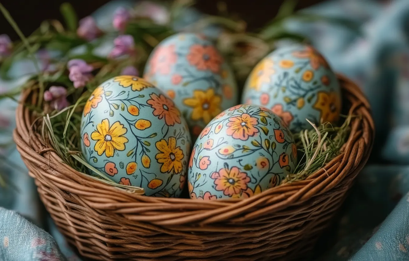 Фото обои цветы, праздник, узоры, яйца, весна, Пасха, корзинка, орнамент