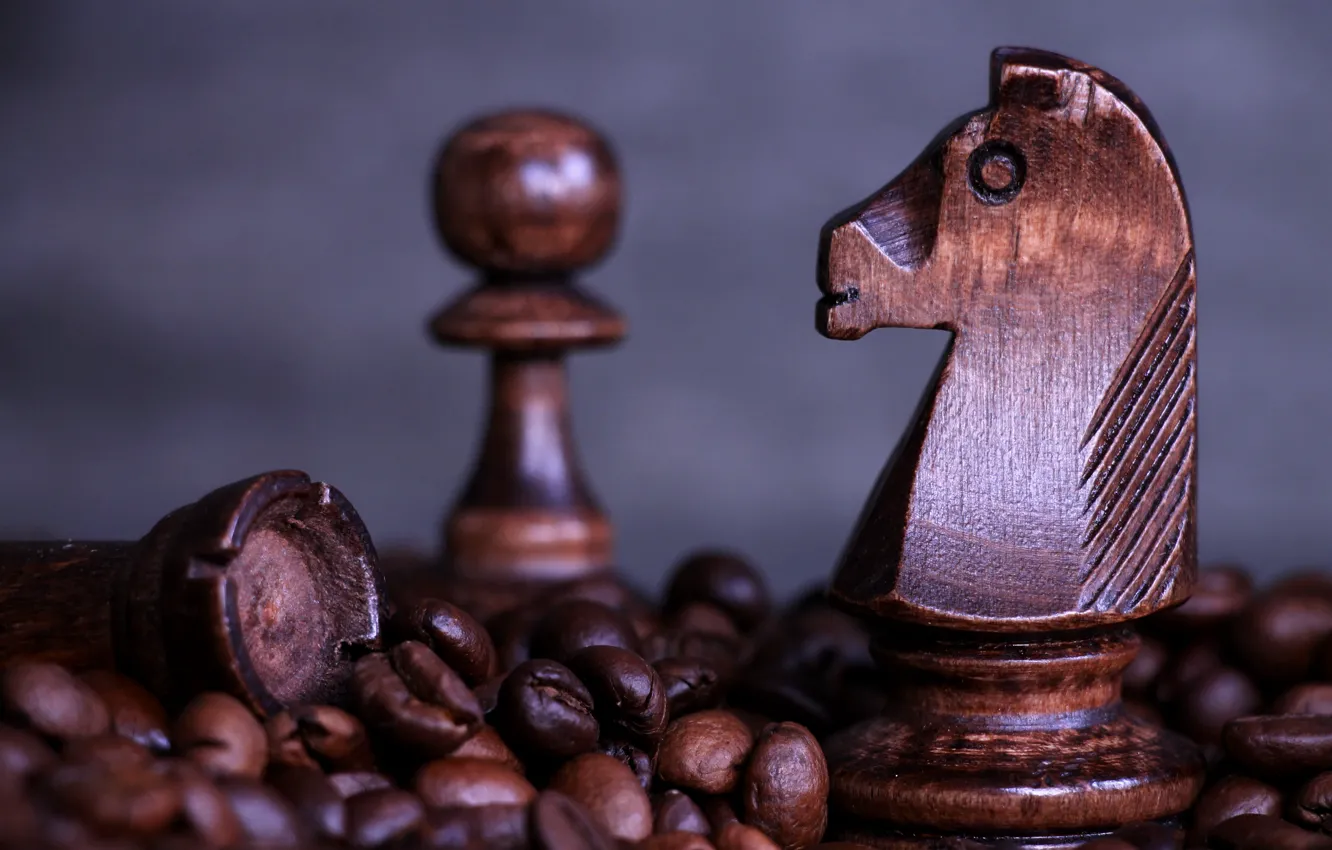 Фото обои конь, кофе, шахматы, пешка, chess, coffee, кофе в зернах, деревянные шахматы