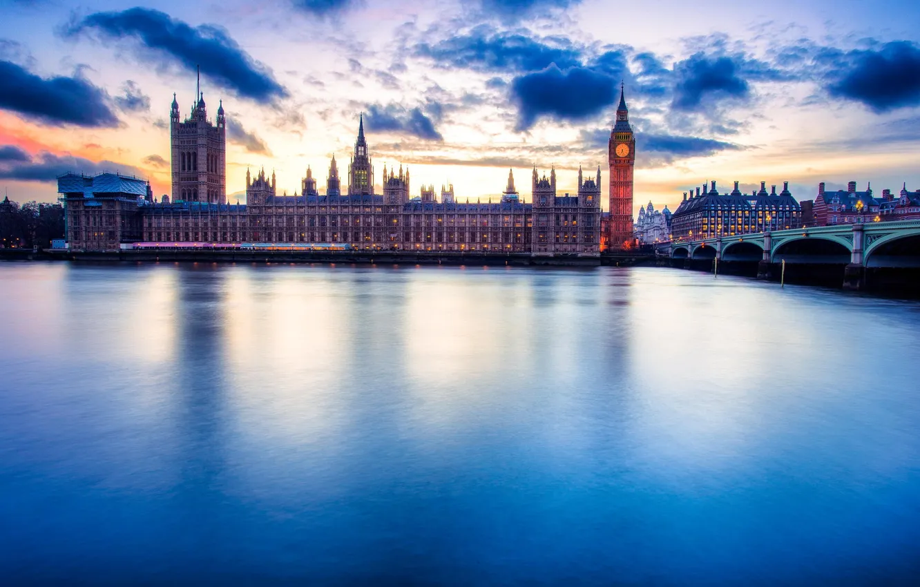 Фото обои город, река, Лондон, Big Ben, Parliament, Великобриания