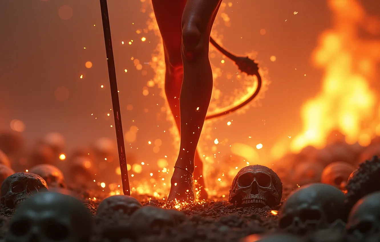 Фото обои фэнтези, посох, дьяволица, черепа в огне, welcome to Hell, хвостатая, гиена огненная, искры пламени