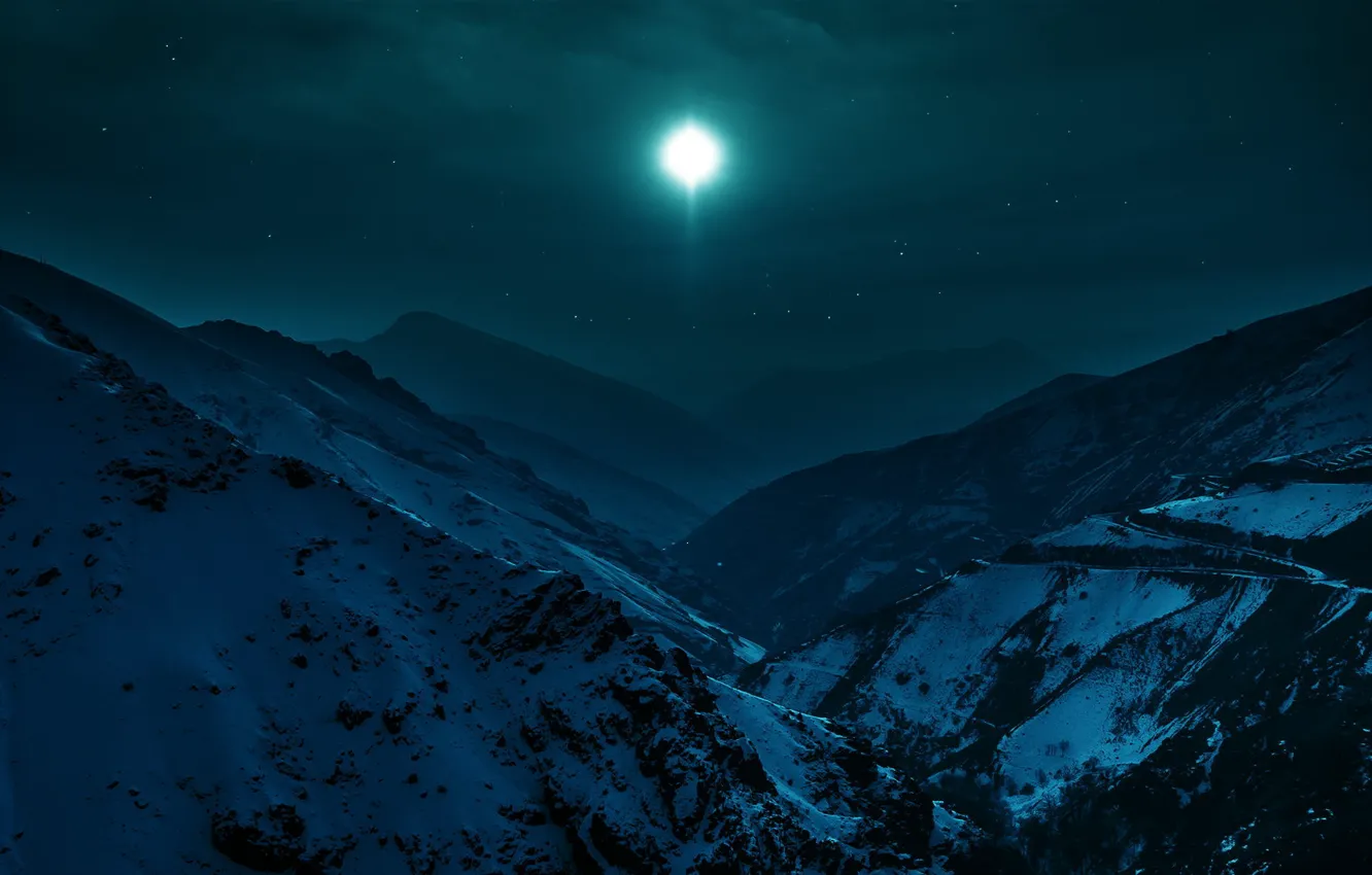 Фото обои зима, снег, горы, ночь, долина