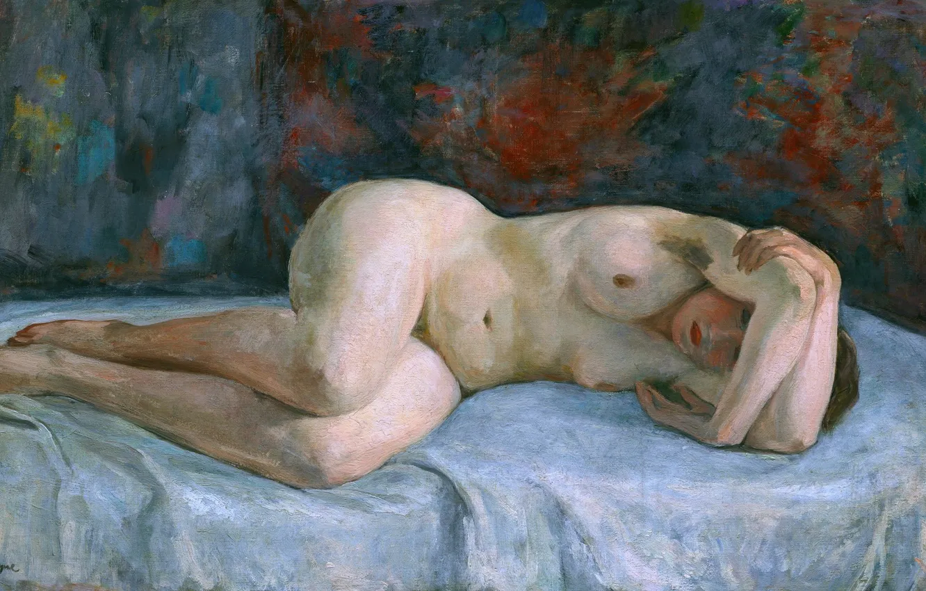 Фото обои Девушка, Картина, Кровать, Обнажена, Henri Lebasque, Анри Лебаск, Французский художник, Обнаженная лежит скрестив руки