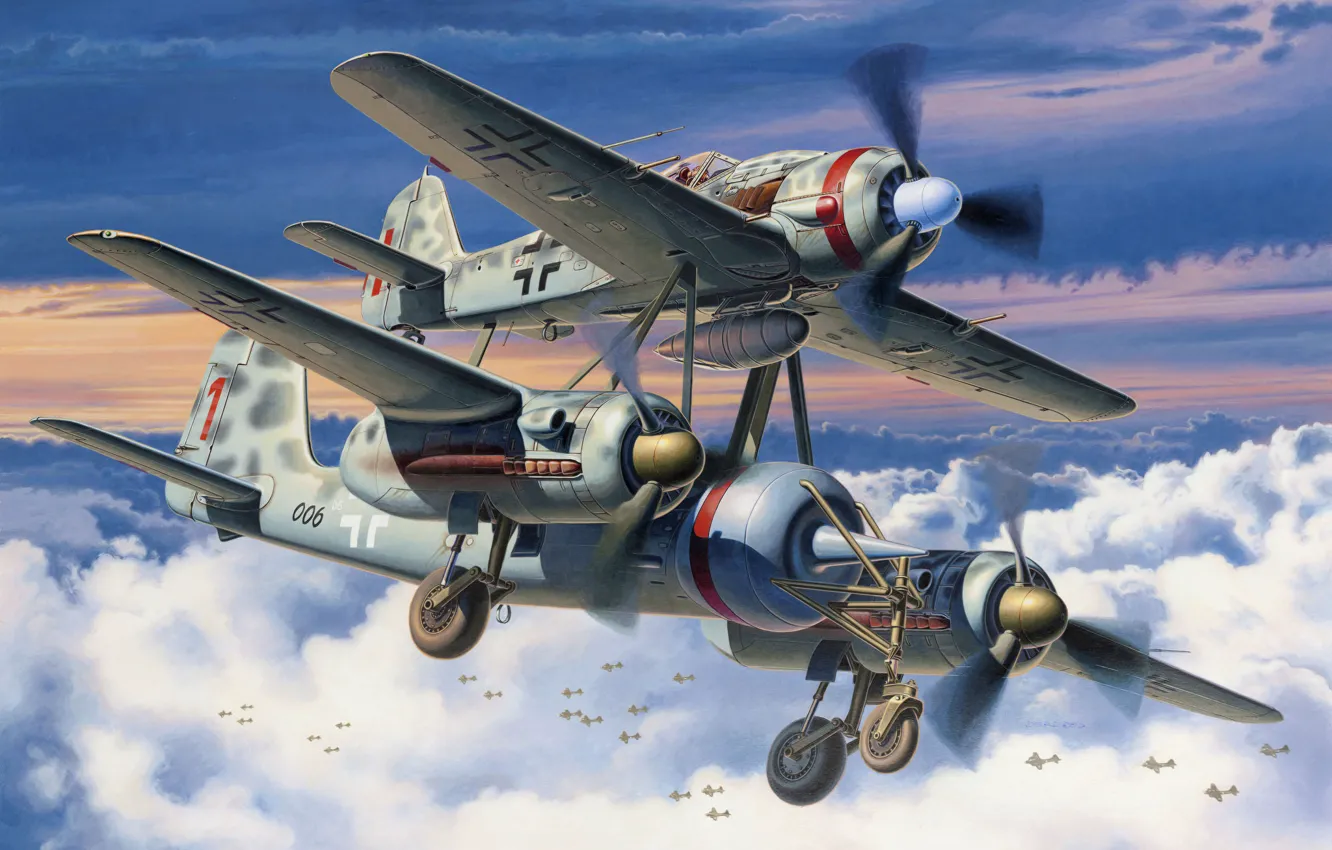 Фото обои war, art, airplanes, painting, aviation, ww2, fw 190, Mistel