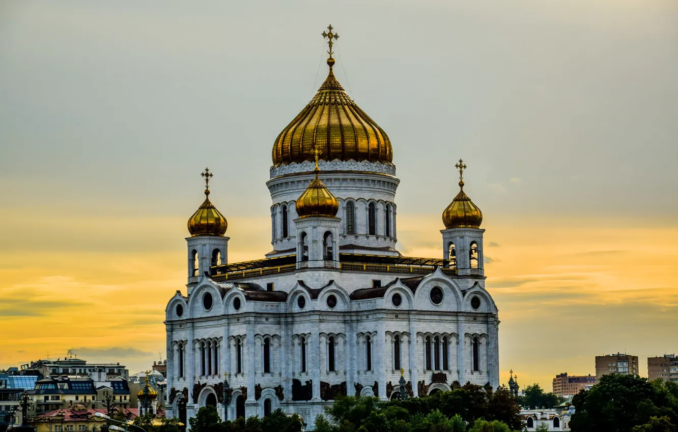 Фото обои пейзаж, закат, вечер, Москва, Храм хреста спасителя
