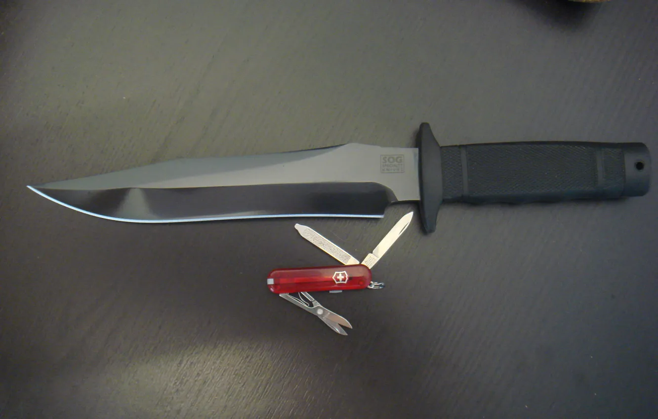 Фото обои оружие, нож, фолдер, Victorinox, SOG