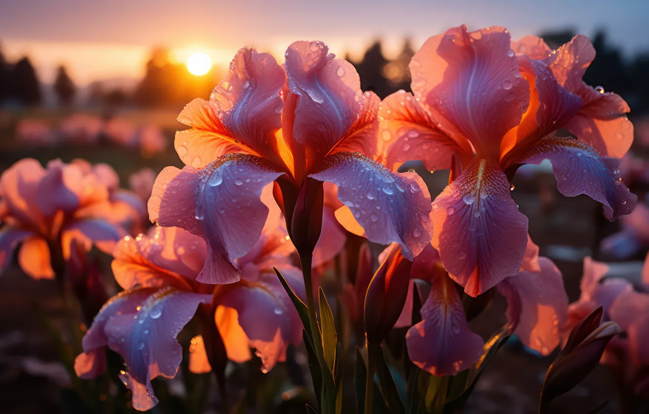 Фото обои солнце, капли, макро, закат, цветы, роса, лепестки, розовые