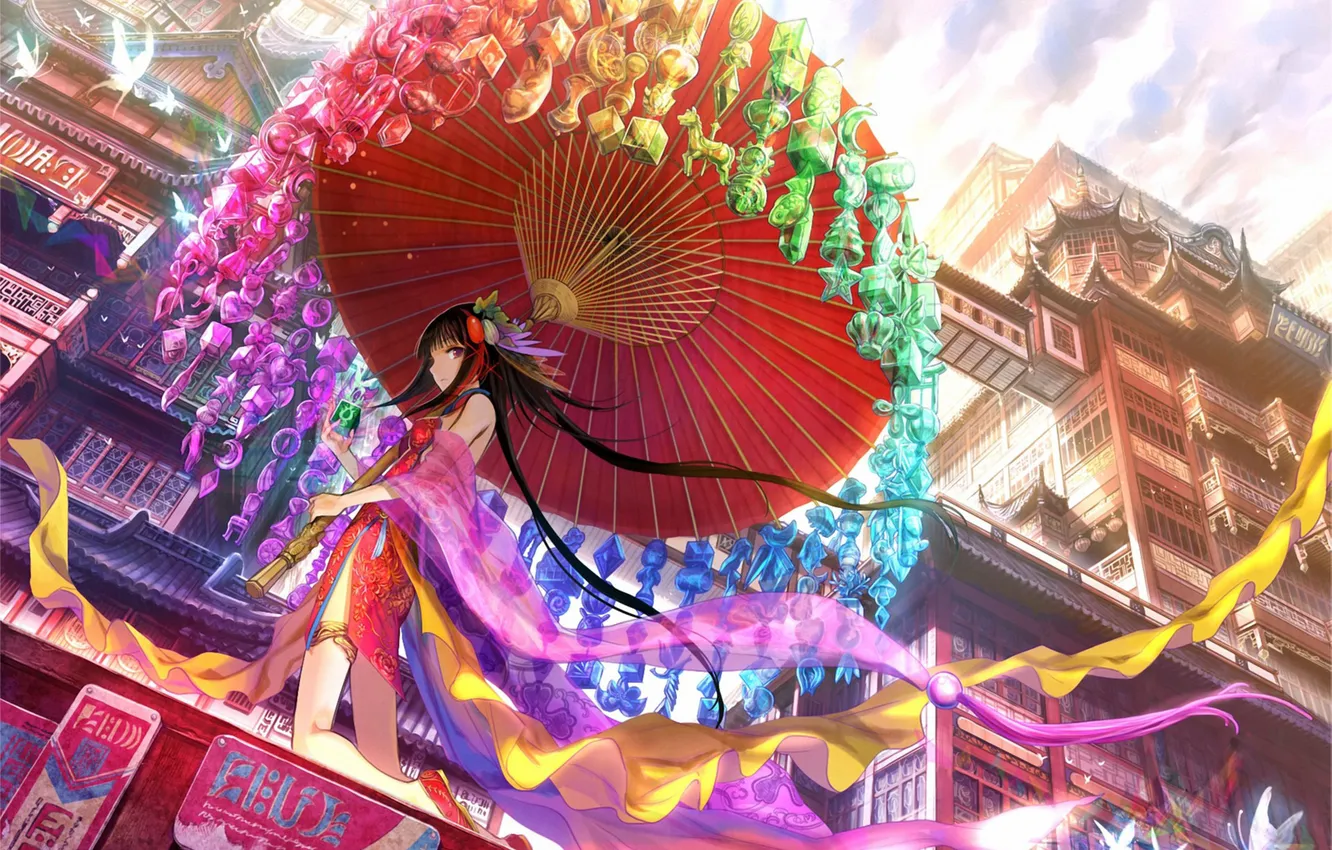 Фото обои девушка, город, зонт, арт, карусель, фигурки, fuji choko